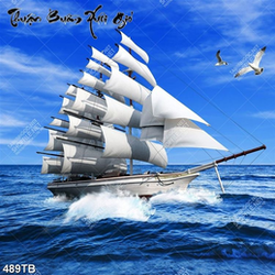 Tranh thuận buồm chiếc thuyền vượt sóng và chim hải âu