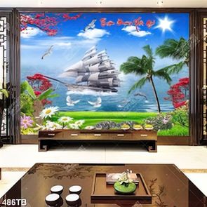 Tranh thuận buồm bãi cây xanh bên con thuyền lướt trên sóng