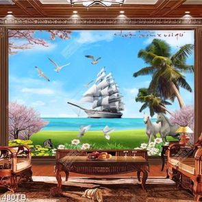 Tranh dán tường thiên nhiên giao hoà bên bờ biển và chiếc thuyền