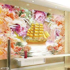 Tranh đá giả ngọc thuyền vàng trên hồ nước in uv