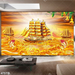 Tranh gắn tường thuyền vàng và cá chép nghệ thuật