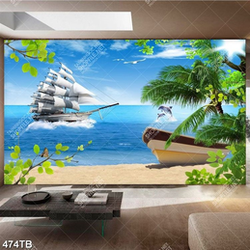 Tranh thuyền buồm và cá heo bên bãi cát vàng