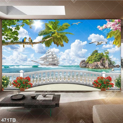 Tranh dán tường ban công nhìn ra biển đảo và con thuyền nghệ thuật