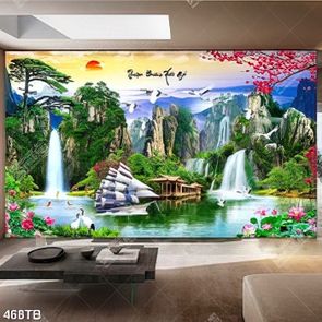 Tranh gắn tường phong cảnh thuyền buồm bên ngôi nhà gỗ in kính