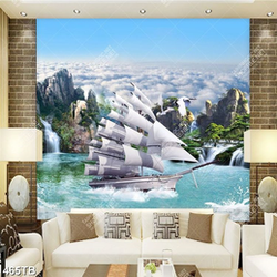 Tranh trang trí tường thuyền buồm bên mây và núi chất lượng cao