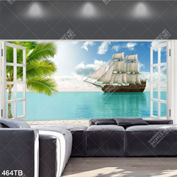 Tranh cửa sổ hướng ra biển và con thuyền file gốc