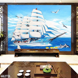 Tranh sơn dầu thuyền buồm bên những chú chim và cá heo chất lượng cao