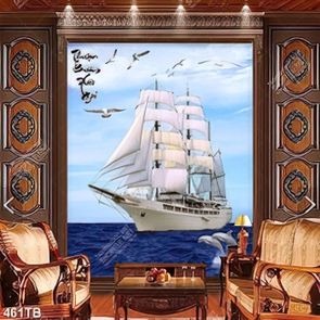 Tranh thuyền buồm và cá heo in kính