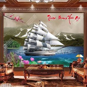 Tranh thuận buồm thuyền vượt con sóng chất lượng cao
