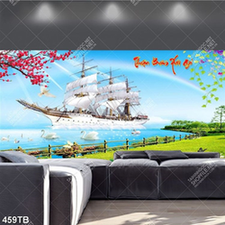 Tranh thuyền buồm và thiên nga trên hồ nước in uv