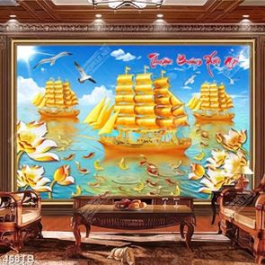 Tranh kim tiền đàn cá chép và những chiếc thuyền vàng