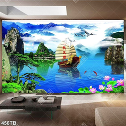 Tranh phong cảnh hoa sen và thuyền rồng trên dòng sông file gốc