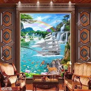 Tranh phong thuỷ thuyền buồm và đàn cá chép bên thác nước in uv