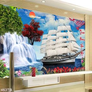 Tranh thuyền buồm bên thác nước hùng vĩ nghệ thuật
