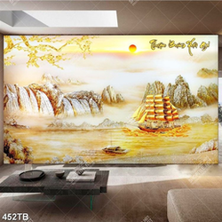 Tranh kim tiền chiếc thuyền trên dòng sông vàng