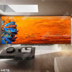 Tranh sơn dầu chiều hoàng hôn bên những chiếc thuyền