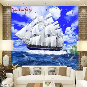 Tranh thuyền buồm vượt sóng bên đàn cá heo in kính