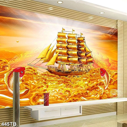 Tranh thuyền buồm và cá chép trên sông vàng in uv