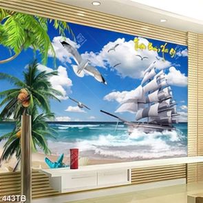 Tranh thuyền buồm bên bờ biển file psd