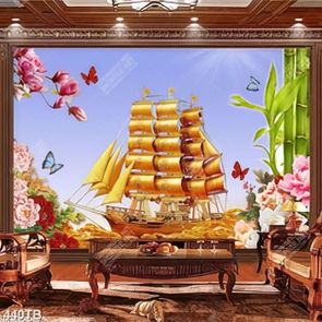 Tranh trang trí phòng chiếc thuyền bên dòng sông vàng và hoa mộc lan file gốc