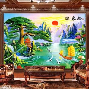 Tranh sơn dầu phong thuỷ thuyền buồm và đàn cò bên dòng sông xanh