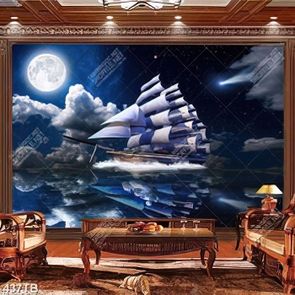 Tranh trang trí tường thuyền buồm dưới ánh trăng nghệ thuật