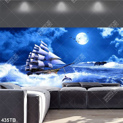 Tranh dán tường thuyền và cá heo vượt sóng biển dưới ánh trăng
