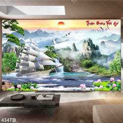 Tranh gắn tường thuyền buồm bên núi rừng hùng vĩ