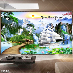Tranh sơn thuỷ thuyền buồm bên hồ sen và cá chép in uv