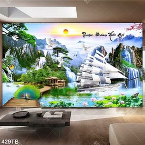 Tranh phong thuỷ thuyền buồm bên hoa sen và ngôi nhà gỗ in kính