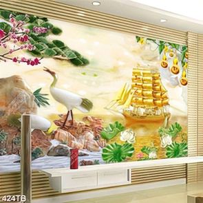 Tranh kim tiền giả ngọc thuyền vàng và hoa sen chất lượng cao