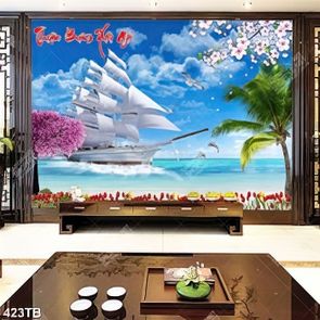 Tranh ghép thuận buồm thuyền bên cây anh đào và hoa tulip