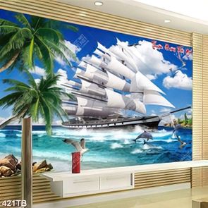 Tranh trang trí phòng khách thuyền và cá heo bên bờ biển đẹp nhất