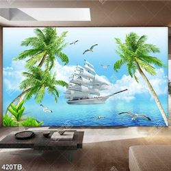 Tranh thuyền lớn lướt trên biển và chim hải âu in kính