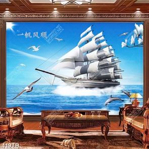 Tranh thuyền buồm vượt sóng bên những chú cá heo file gốc