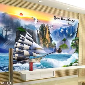 Tranh thuận buồm thuyền con sóng lớn decor tường