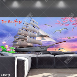 Tranh ghép thuận buồm xuôi gió thuyền và đàn cá heo bên hoa sen in uv