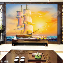 Tranh sơn dầu chiếc thuyền vượt sóng dưới ánh bình minh chất lượng cao