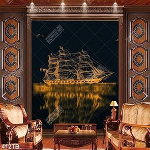 Tranh vẽ chiếc thuyền trên hồ nước tĩnh lặng file gốc