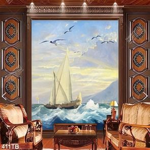 Tranh sơn dầu nghệ thuật chiếc thuyền vượt sóng và chim hải âu