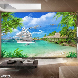 Tranh thuận buồm chiếc thuyền bên ngôi nhà mái lá đẹp