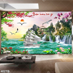 Tranh thuận buồm xuôi gió thuyền bên thác nước và hoa đào đỏ