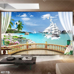 Tranh thuận buồm con thuyên bên bãi đá file gốc