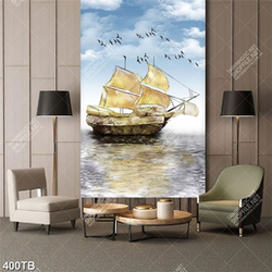 Tranh vẽ chiếc thuyền lênh đênh trên biển và đàn chim nhỏ in kính