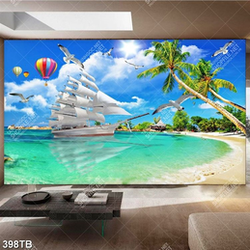 Tranh thuận buồm thuyền cập vào bãi cát và chim hải âu đẹp in uv