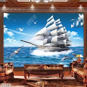 Tranh chiếc thuyền vượt đại dương bên cá heo và chim hải âu chất lượng cao