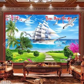 Tranh thuận buồm thuyền và cá heo in uv decor tường