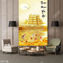 Tranh kim tiền thuyền vàng và cá chép trang trí phòng khách