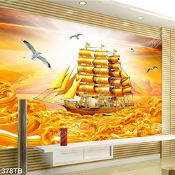 Tranh thuận buồm chiếc thuyền trên sóng nước vàng tài lộc