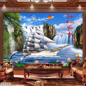Tranh trang trí tường con thuyền vượt thác bên hoa sen file gốc